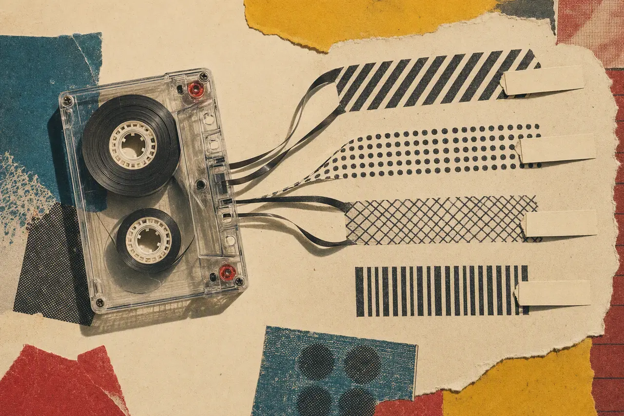 An open cassette sends tape into four distinct tracks: stripes, dots, crosshatch, and bars.